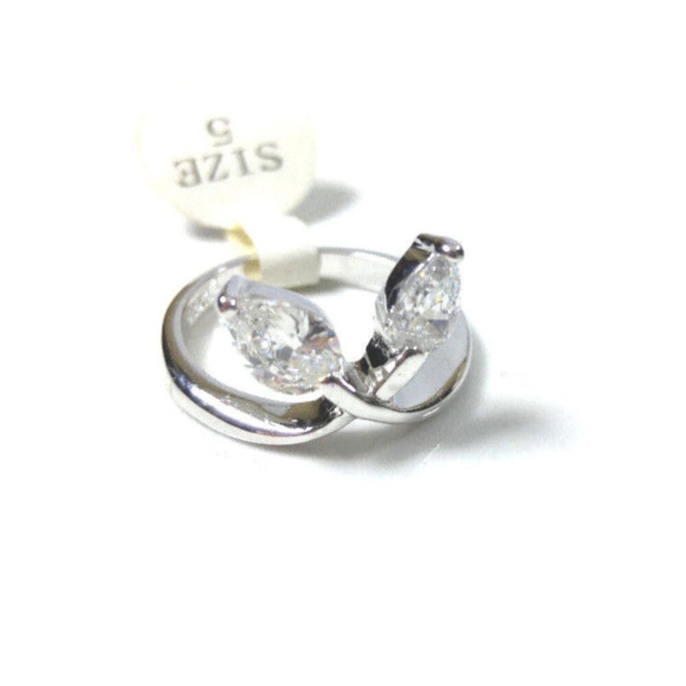 Clear Cubic Zirconia Teardrops 50 Mils Rhodium Plated Silver Ring Marked 925